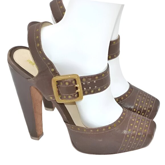 L.A.M.B Gold Studded Brown Leather Square Toe Structured Slingback 6" Heels 10 - Picture 5 of 7